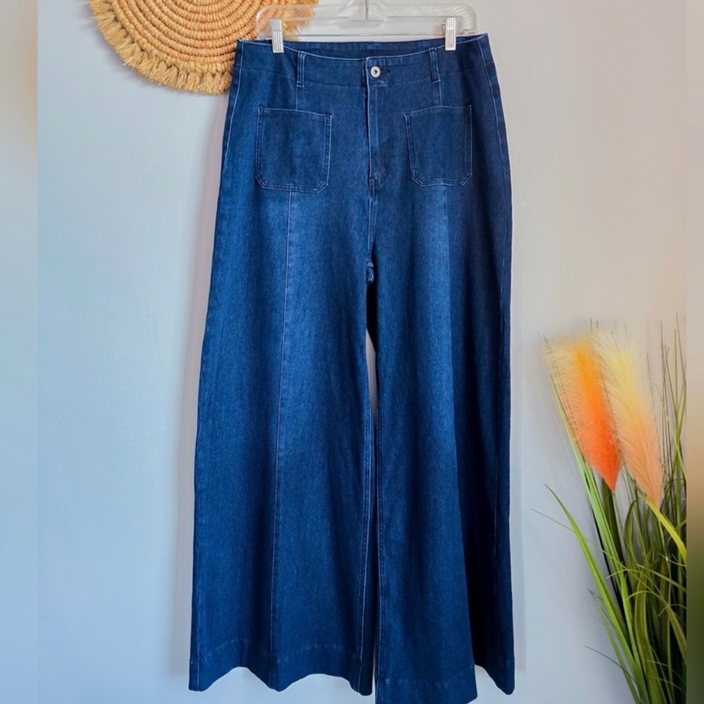 HALARA FLex High Waist Pocket Dark Wash Wide Leg Soft Stretch Jeans SZ Large 70s - Picture 9 of 10